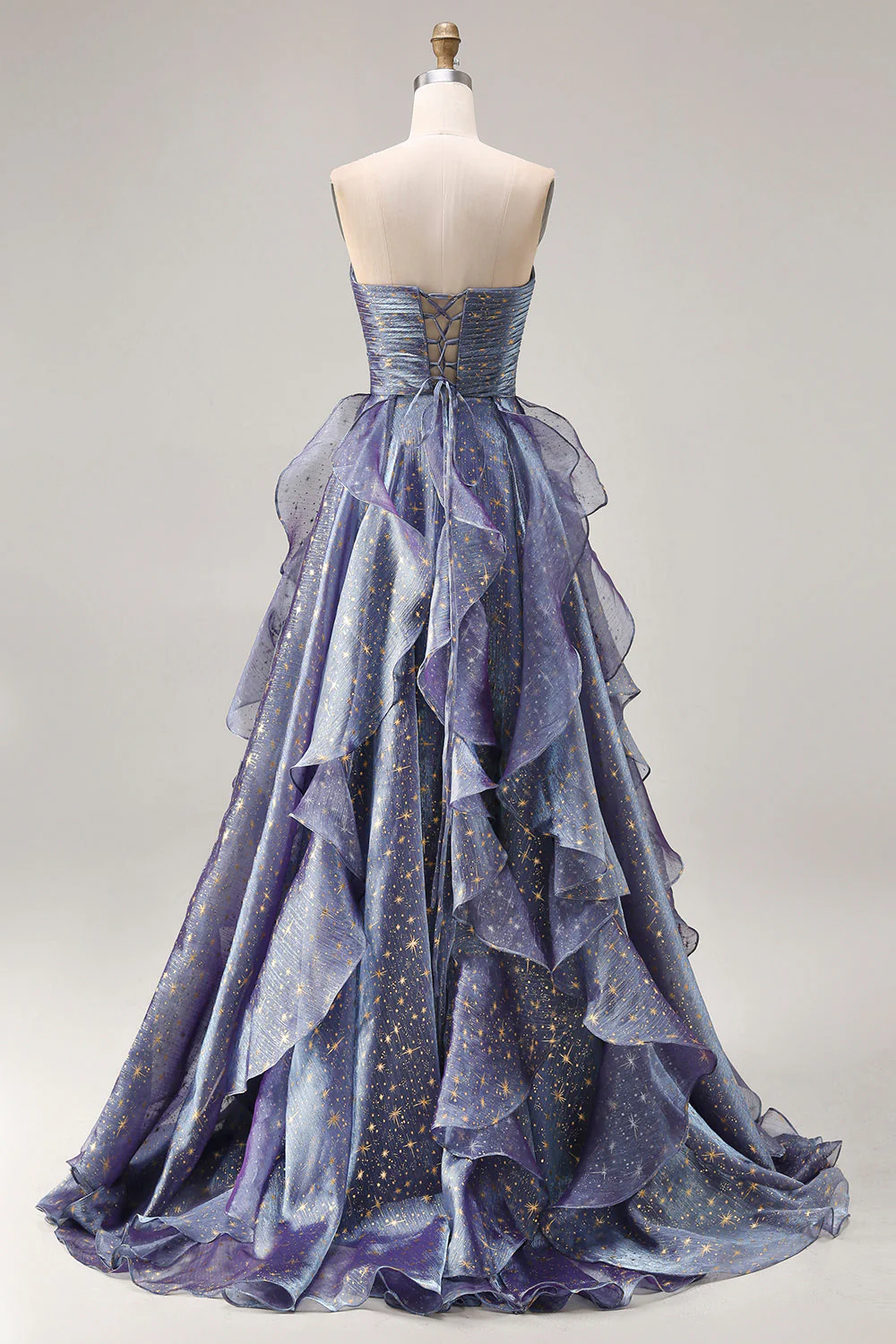 Dusty Blue Strapless A-Line Floral Ruffled Long Prom Dress with Lace Up Back - Image 2