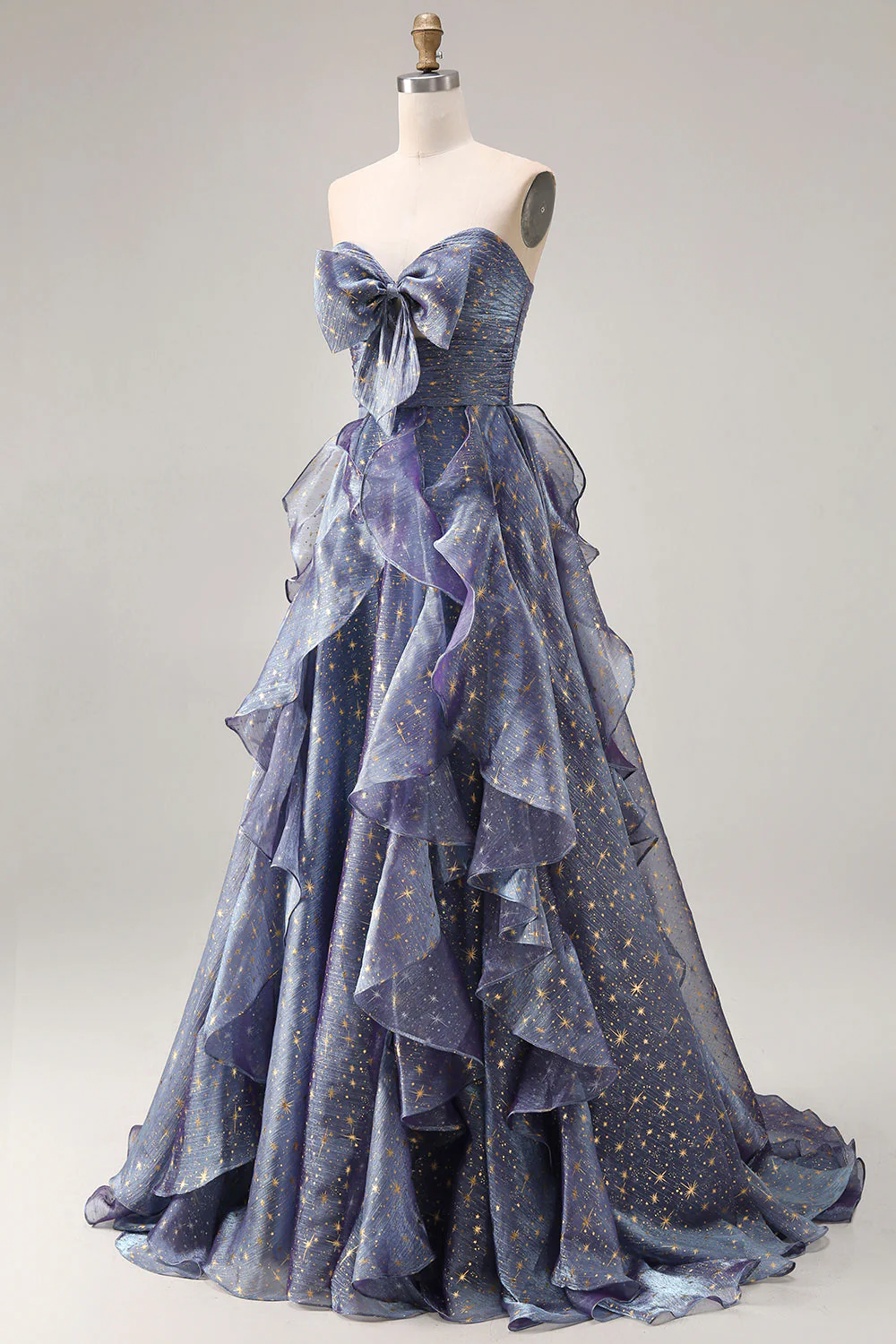 Dusty Blue Strapless A-Line Floral Ruffled Long Prom Dress with Lace Up Back - Image 3