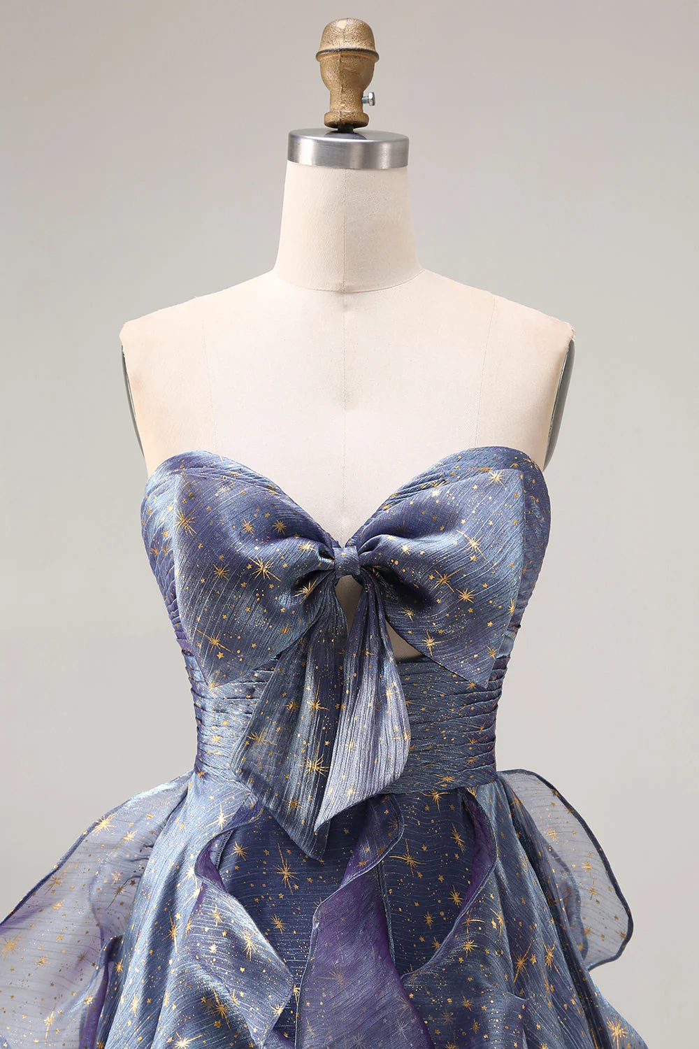 Dusty Blue Strapless A-Line Floral Ruffled Long Prom Dress with Lace Up Back - Image 4