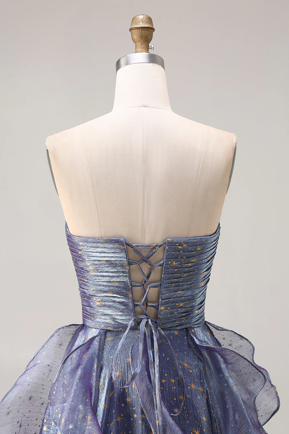 Dusty Blue Strapless A-Line Floral Ruffled Long Prom Dress with Lace Up Back - Image 5