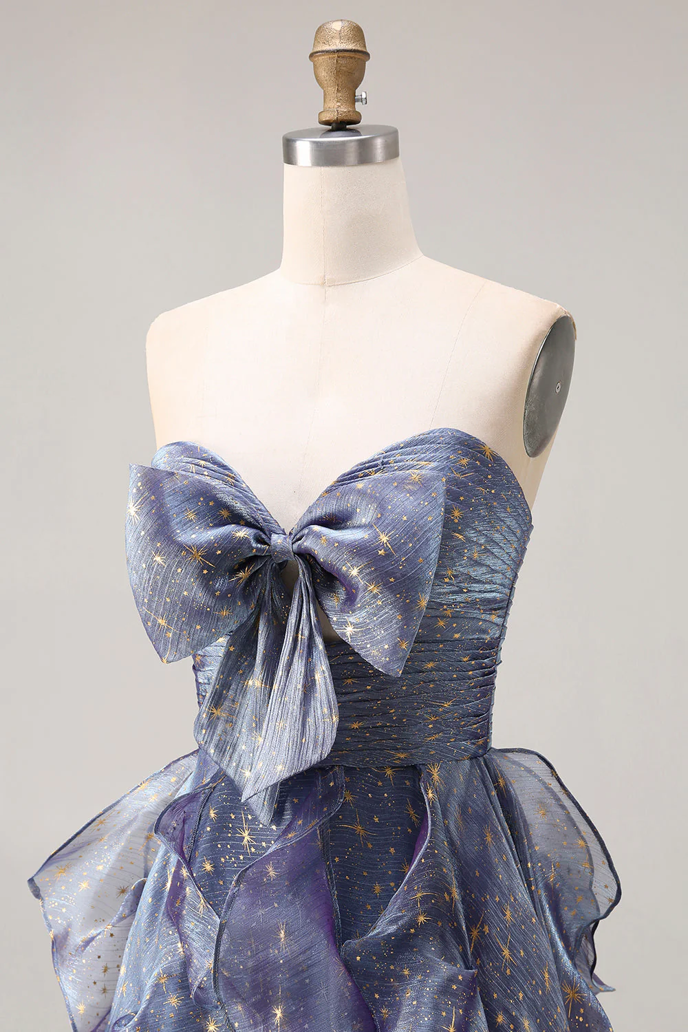 Dusty Blue Strapless A-Line Floral Ruffled Long Prom Dress with Lace Up Back - Image 6