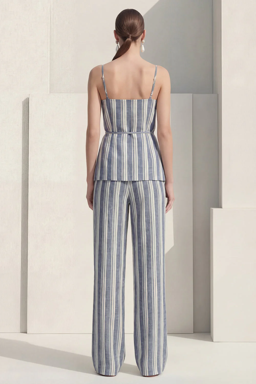 Dusty Blue Stripe Spaghetti Strap Single Breasted Women Suit with Belt - Image 2
