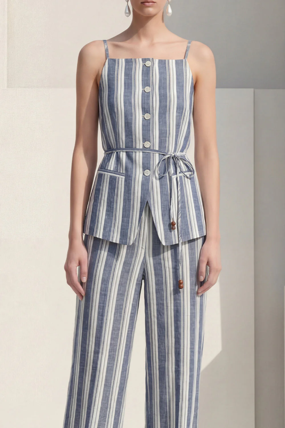 Dusty Blue Stripe Spaghetti Strap Single Breasted Women Suit with Belt - Image 3