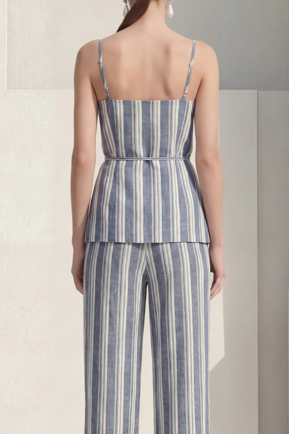 Dusty Blue Stripe Spaghetti Strap Single Breasted Women Suit with Belt - Image 4