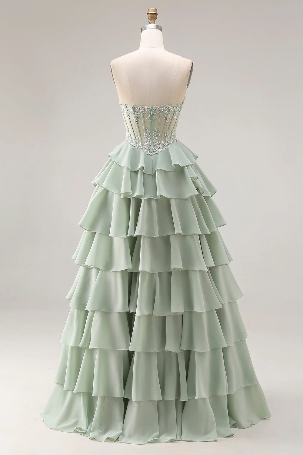 Dusty Green A Line Ruffled Tiered Corset Long Prom Dress with Slit - Image 2