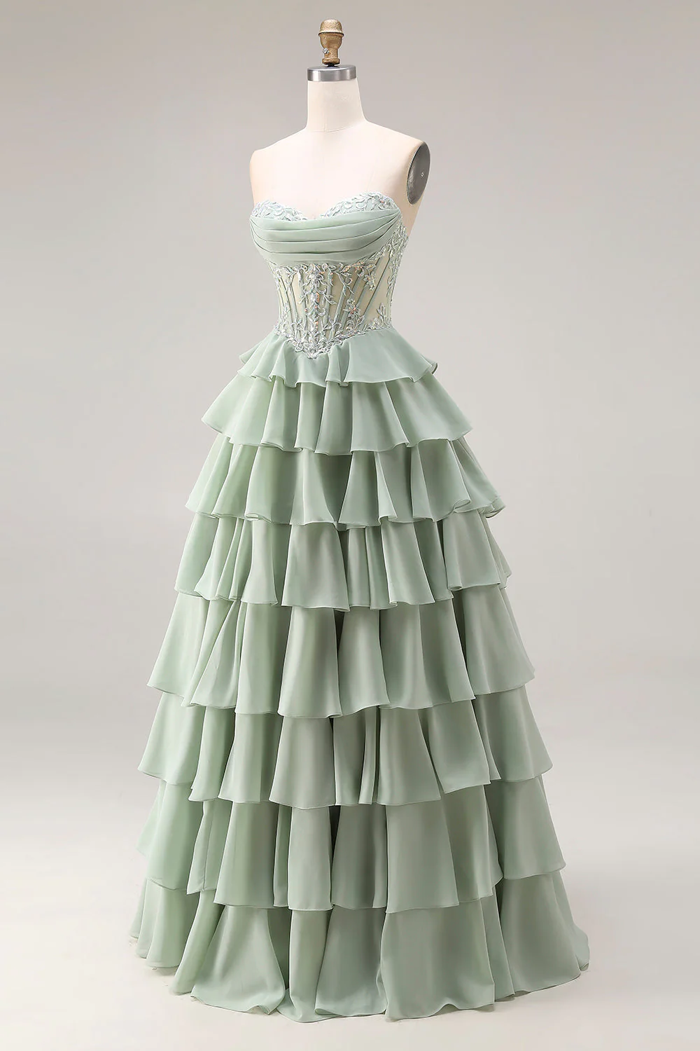 Dusty Green A Line Ruffled Tiered Corset Long Prom Dress with Slit - Image 3