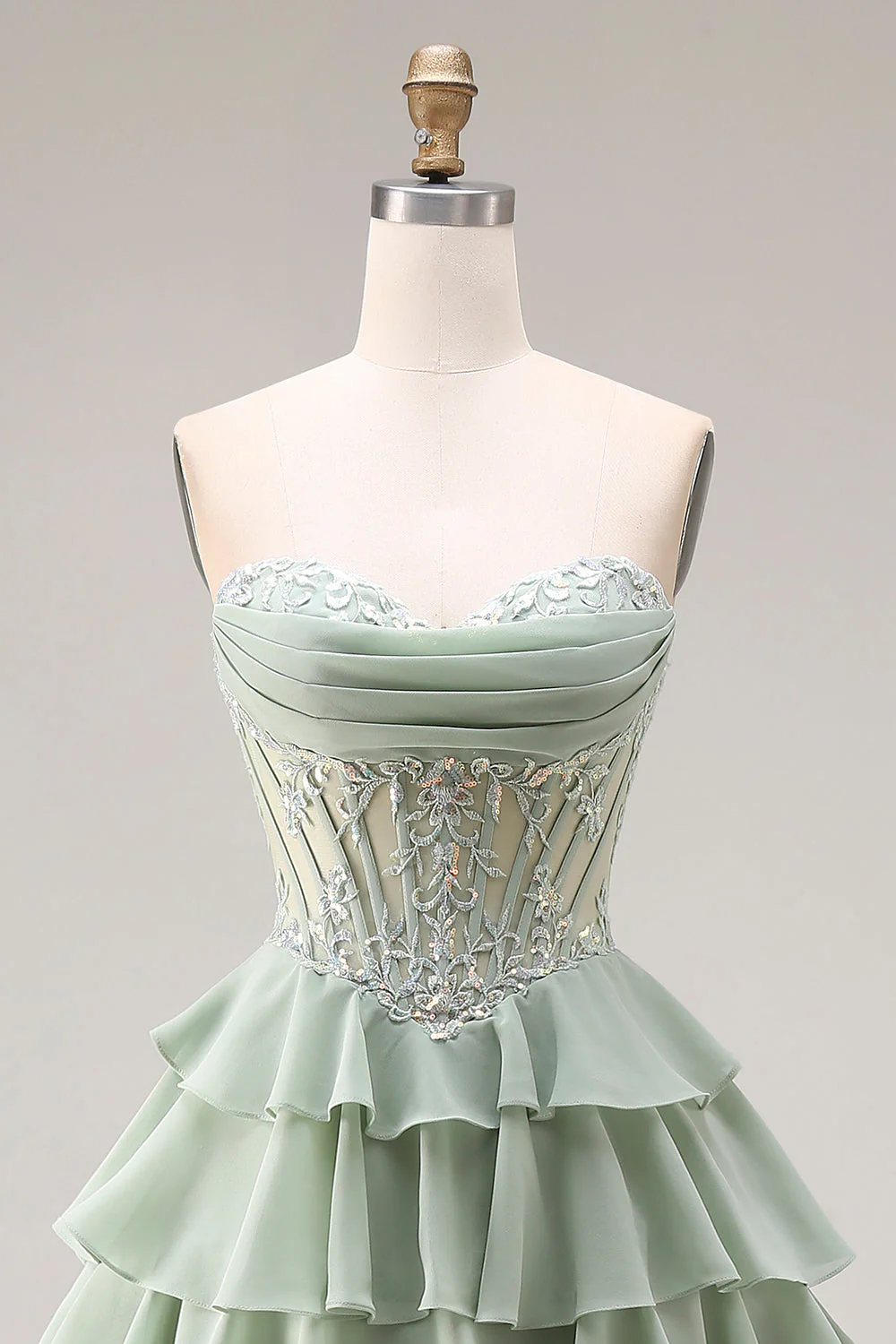 Dusty Green A Line Ruffled Tiered Corset Long Prom Dress with Slit - Image 4