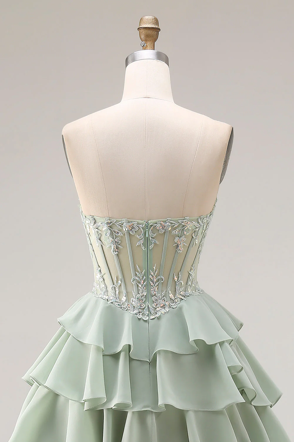 Dusty Green A Line Ruffled Tiered Corset Long Prom Dress with Slit - Image 5