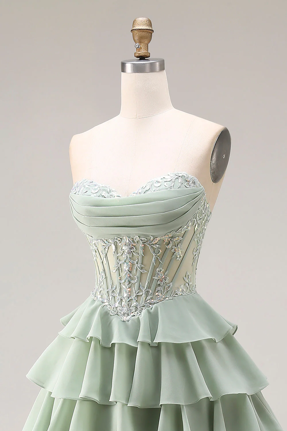 Dusty Green A Line Ruffled Tiered Corset Long Prom Dress with Slit - Image 6