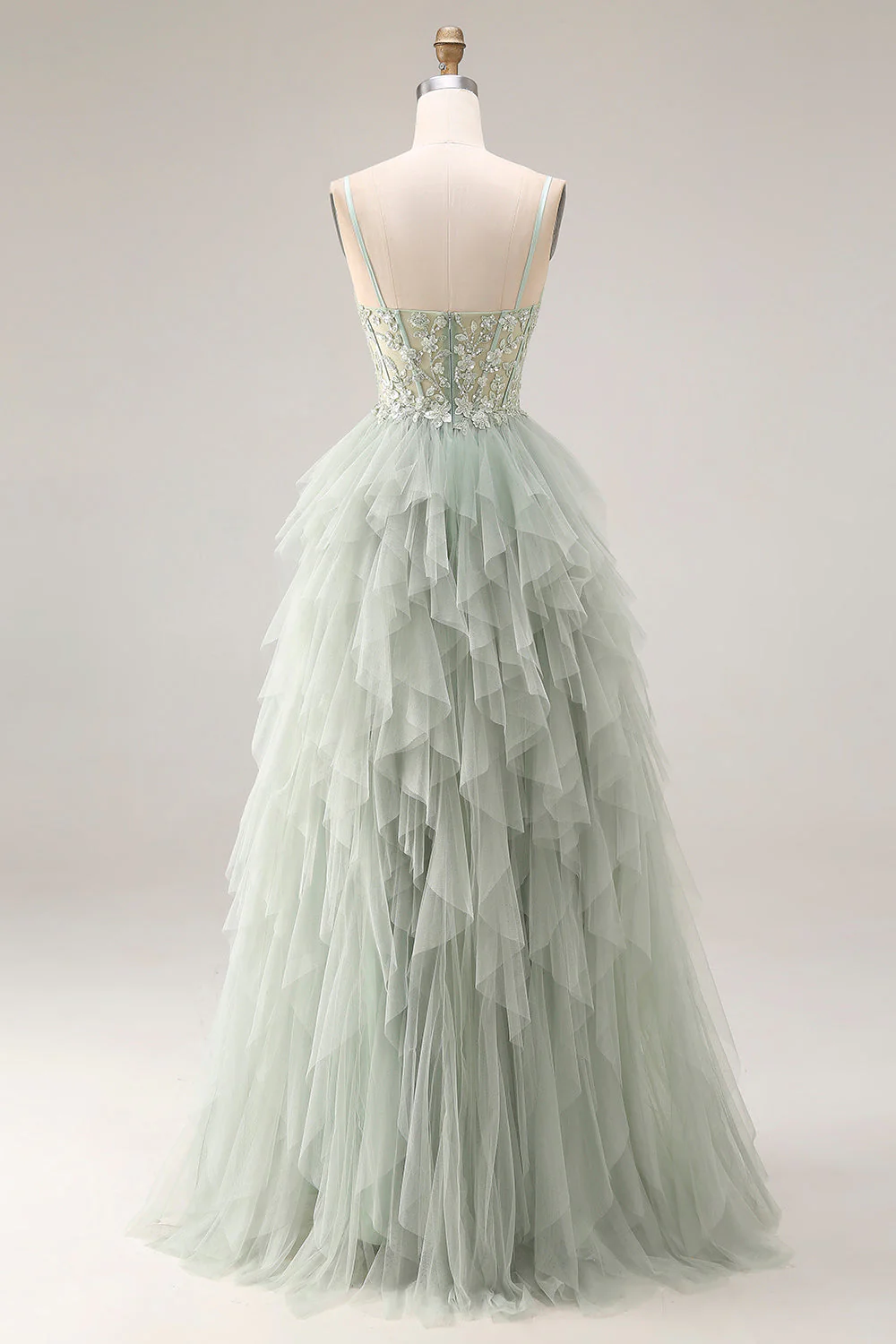Dusty Green A-Line Tulle Spaghetti Straps Corset Long Prom Dress with Ruffles - Image 2