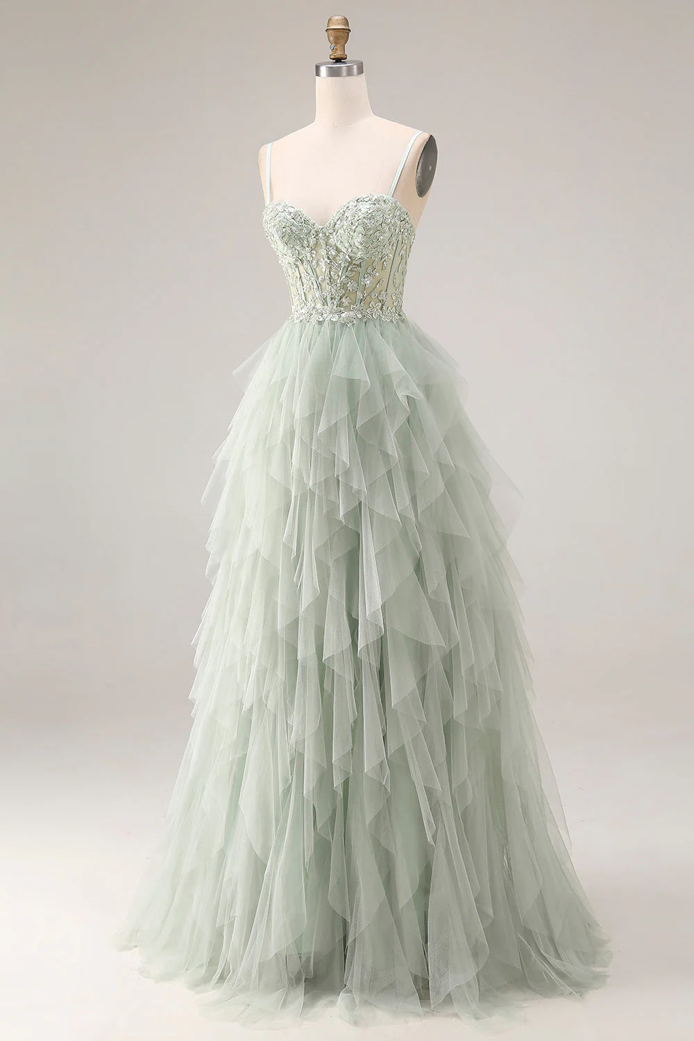 Dusty Green A-Line Tulle Spaghetti Straps Corset Long Prom Dress with Ruffles - Image 3