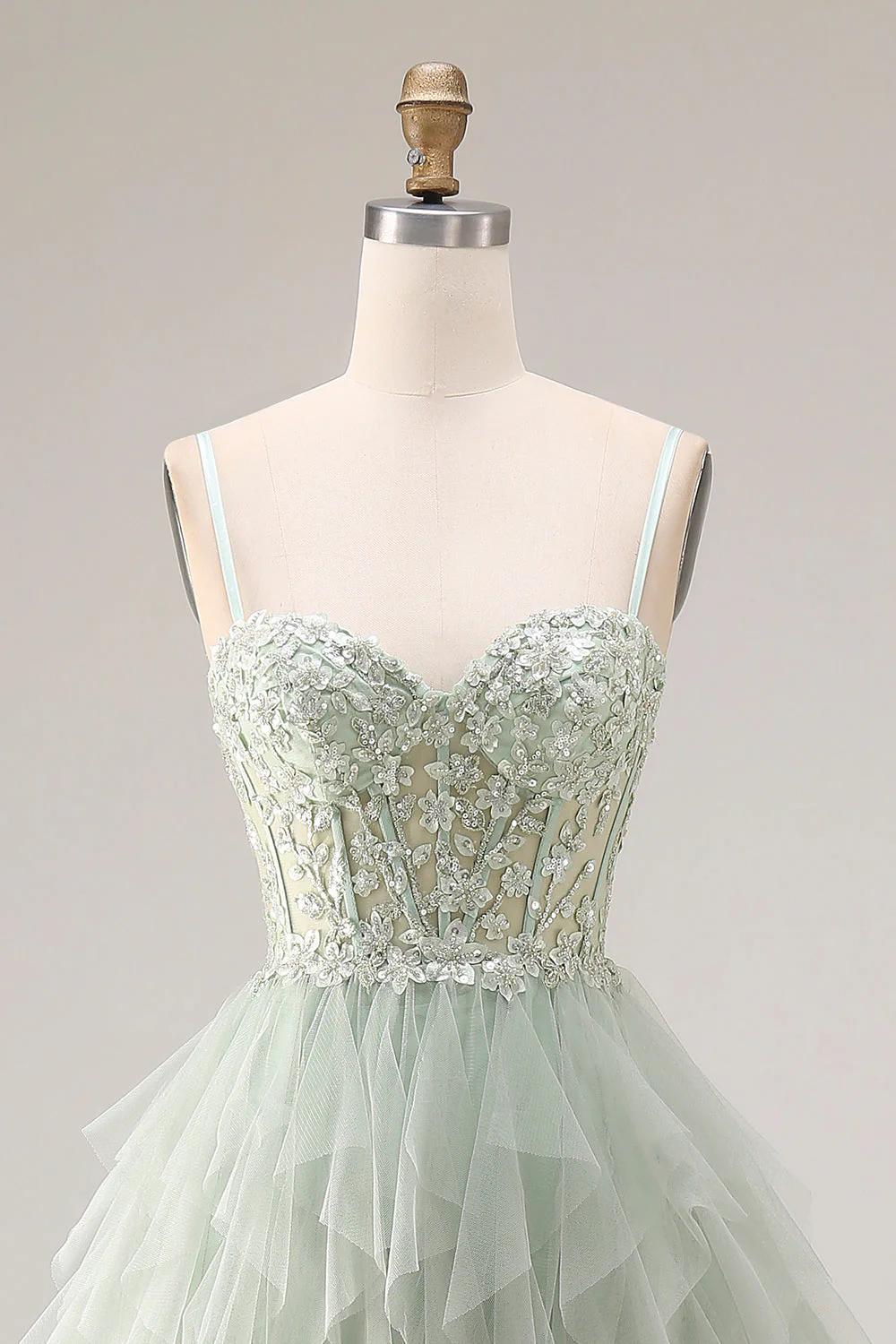 Dusty Green A-Line Tulle Spaghetti Straps Corset Long Prom Dress with Ruffles - Image 4