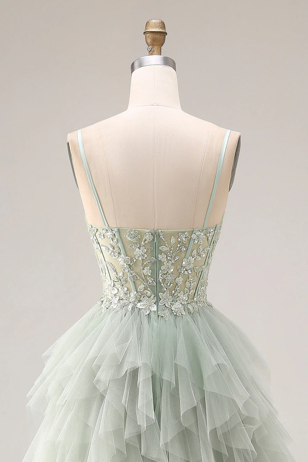 Dusty Green A-Line Tulle Spaghetti Straps Corset Long Prom Dress with Ruffles - Image 5