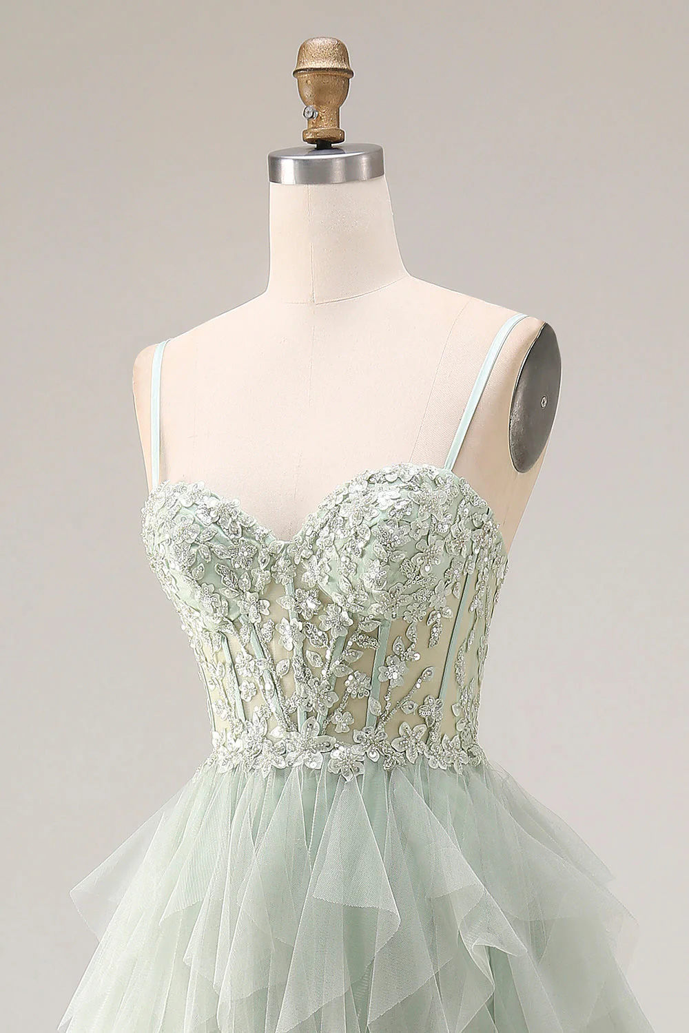 Dusty Green A-Line Tulle Spaghetti Straps Corset Long Prom Dress with Ruffles - Image 6