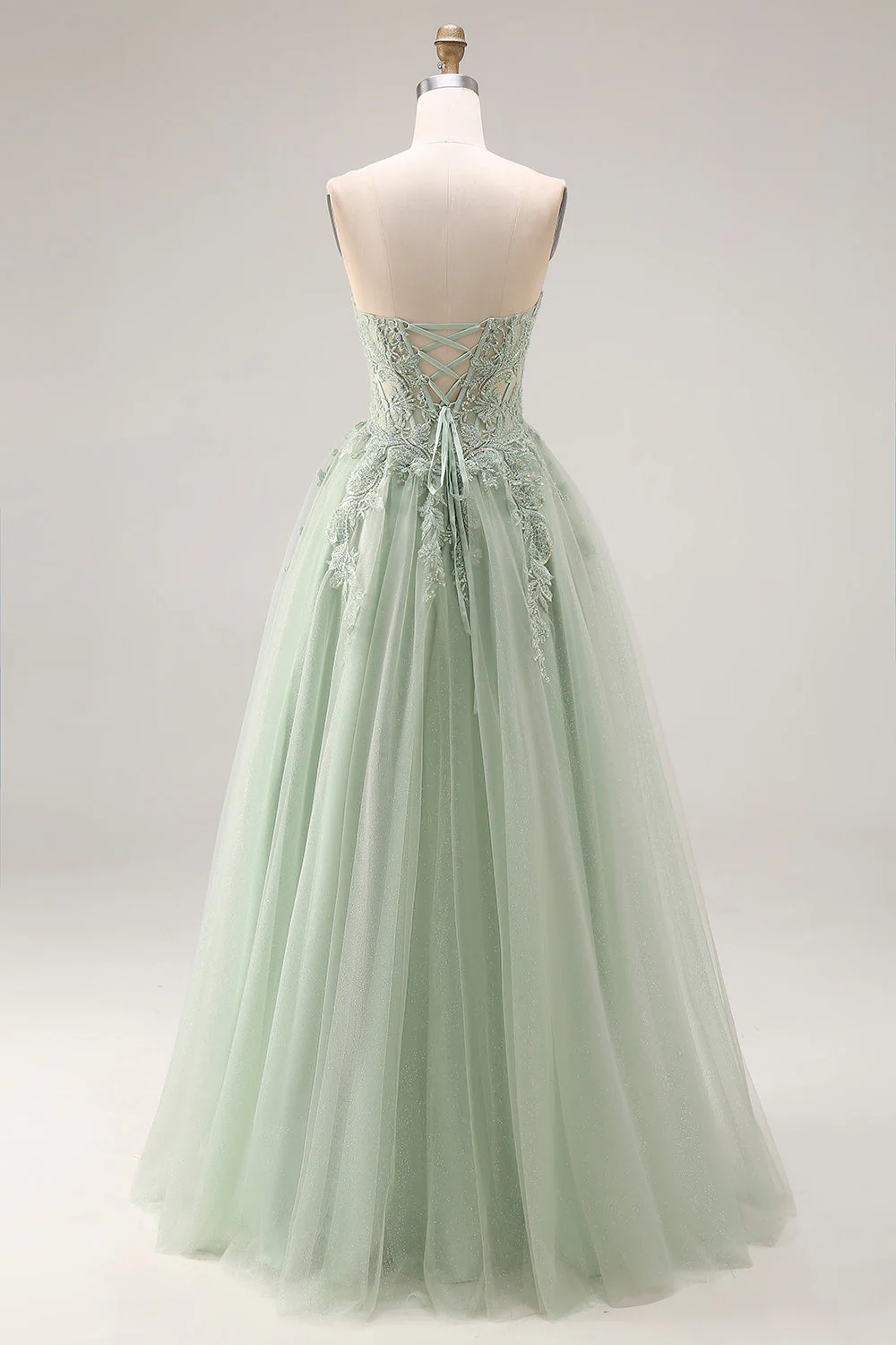 Dusty Green A-Line Corset Strapless Tulle Long Prom Dress with Slit - Image 2