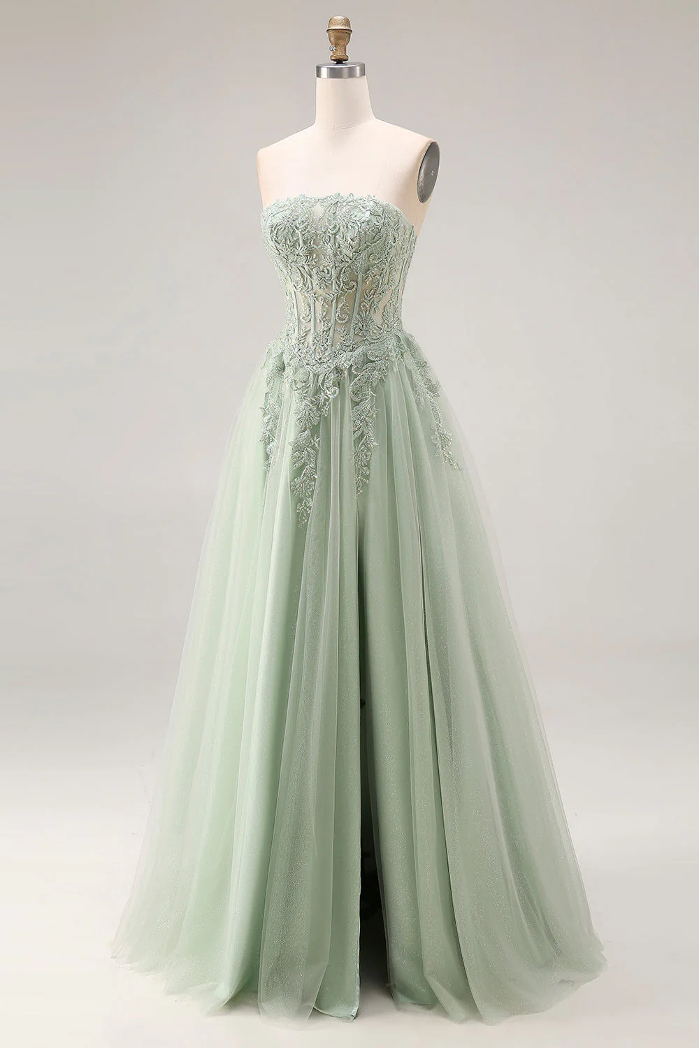 Dusty Green A-Line Corset Strapless Tulle Long Prom Dress with Slit - Image 3