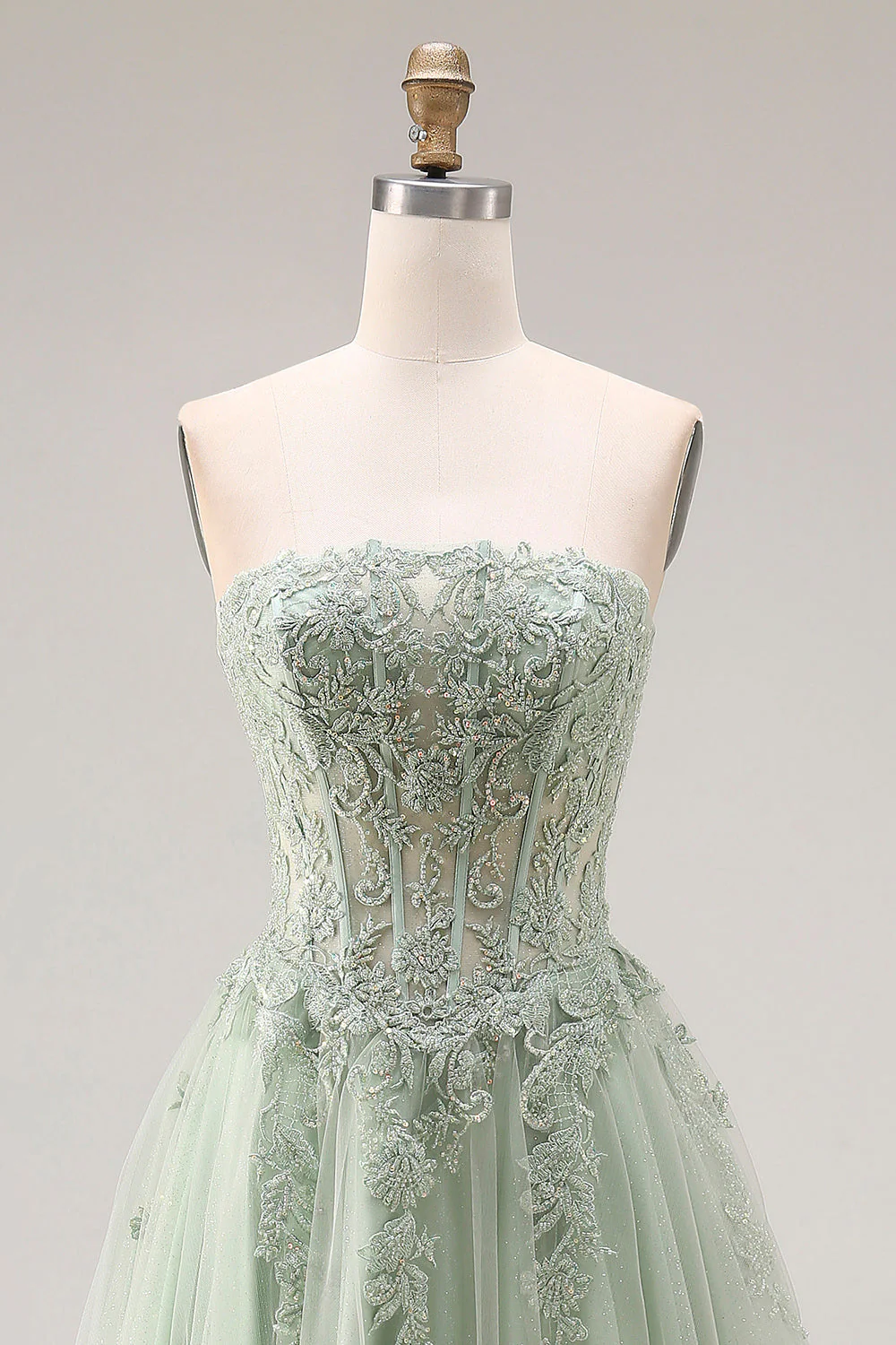 Dusty Green A-Line Corset Strapless Tulle Long Prom Dress with Slit - Image 4