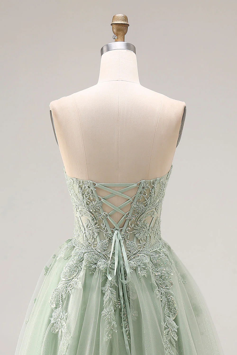 Dusty Green A-Line Corset Strapless Tulle Long Prom Dress with Slit - Image 5