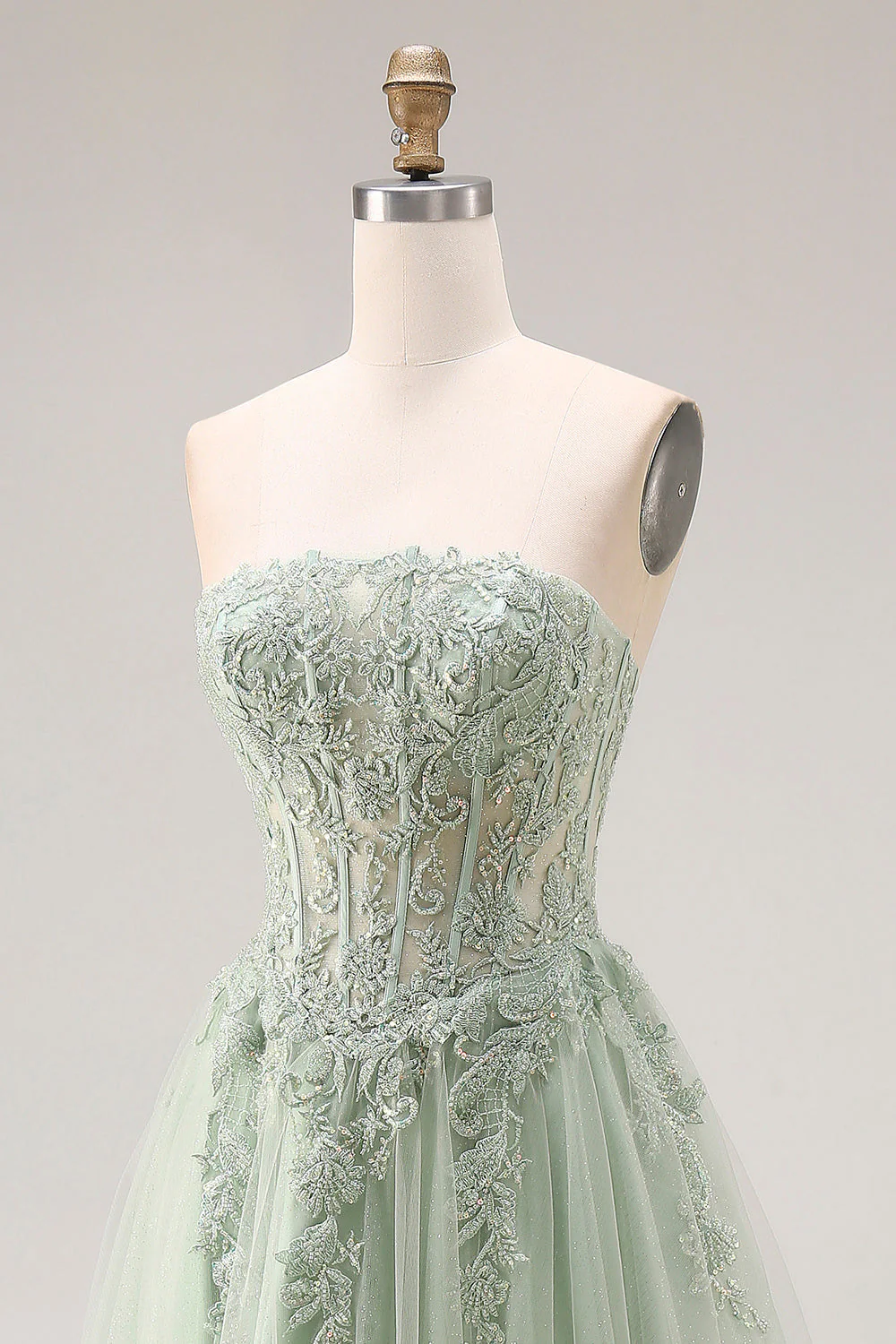 Dusty Green A-Line Corset Strapless Tulle Long Prom Dress with Slit - Image 6