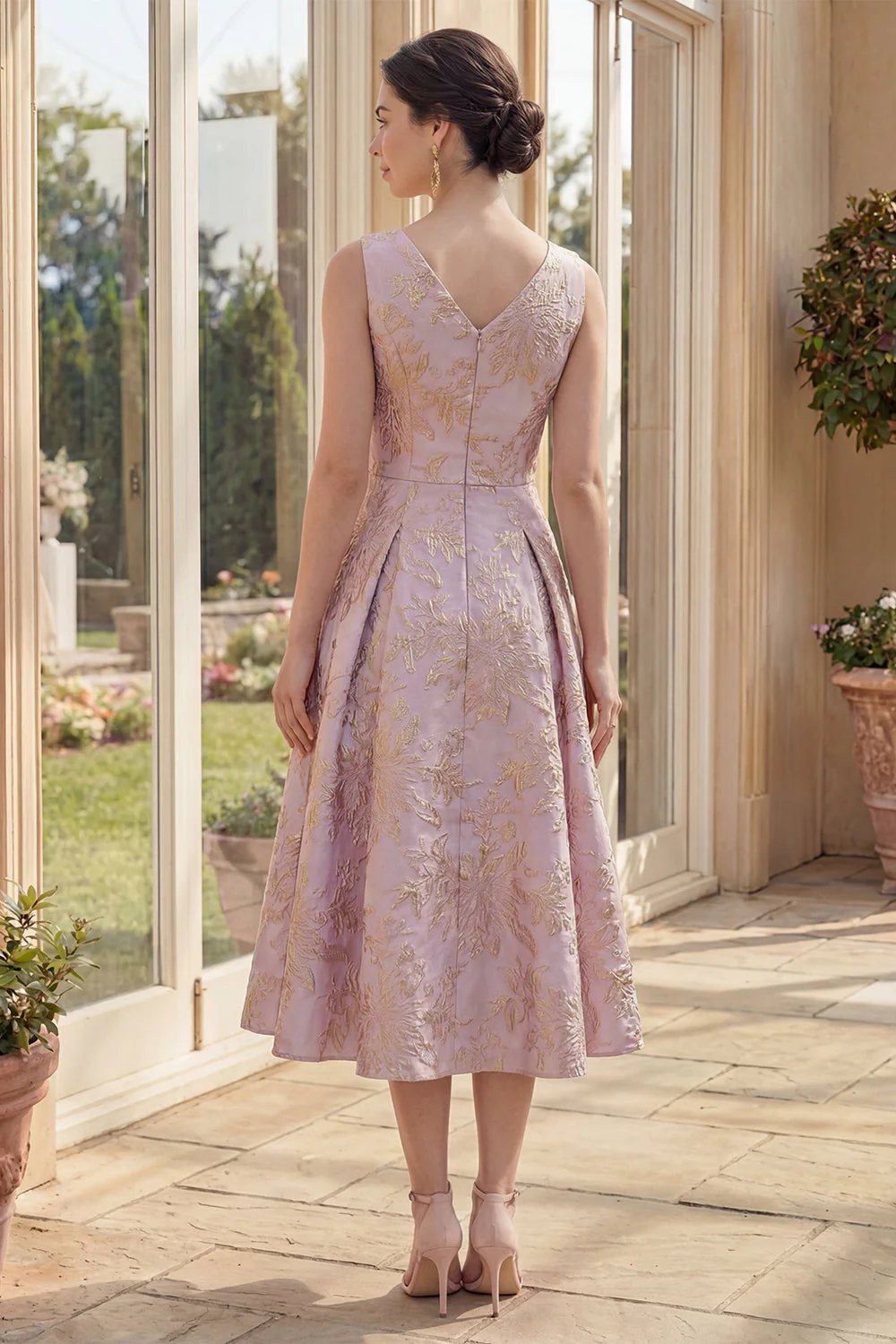 Dusty Lilac Jacquard A Line Boat Neck Midi Floral Dress - Image 2