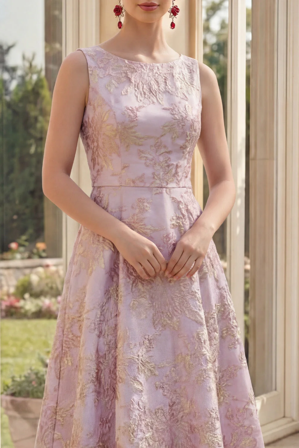 Dusty Lilac Jacquard A Line Boat Neck Midi Floral Dress - Image 3