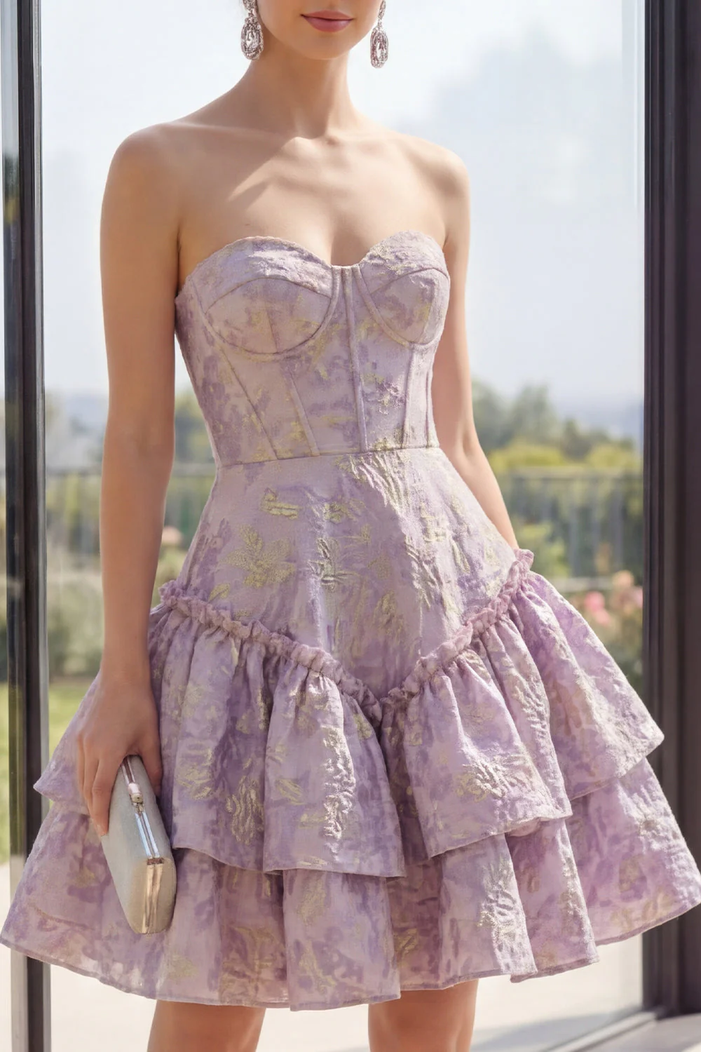 Cute Dusty Lilac A Line Corset Jacquard Mini Floral Dress with Ruffles - Image 3