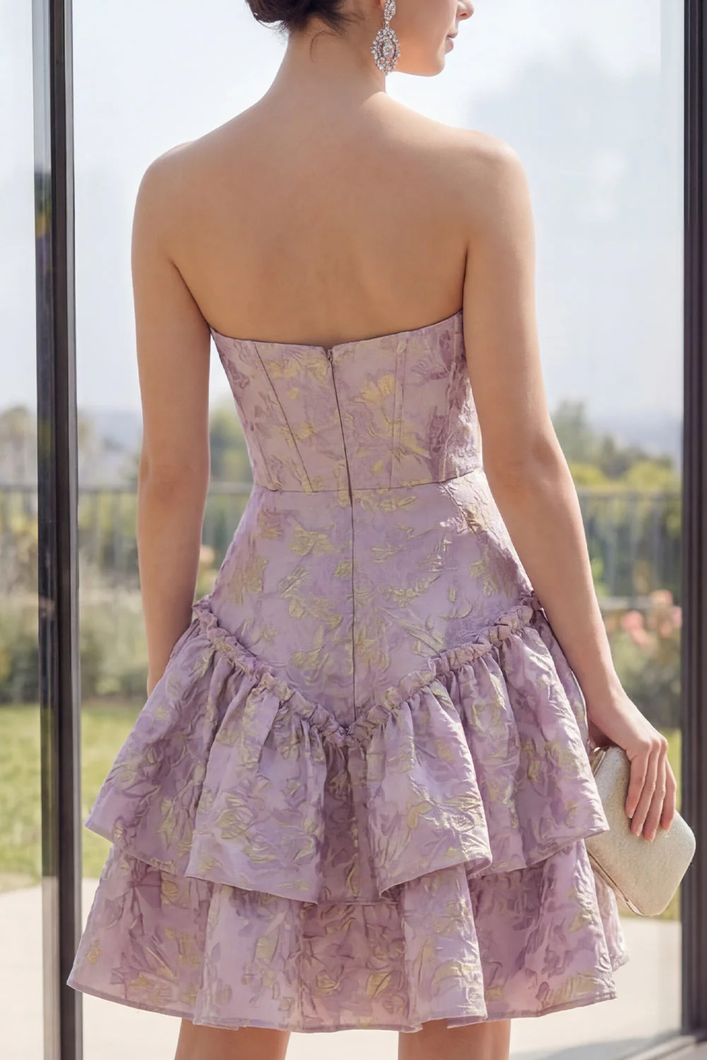 Cute Dusty Lilac A Line Corset Jacquard Mini Floral Dress with Ruffles - Image 4