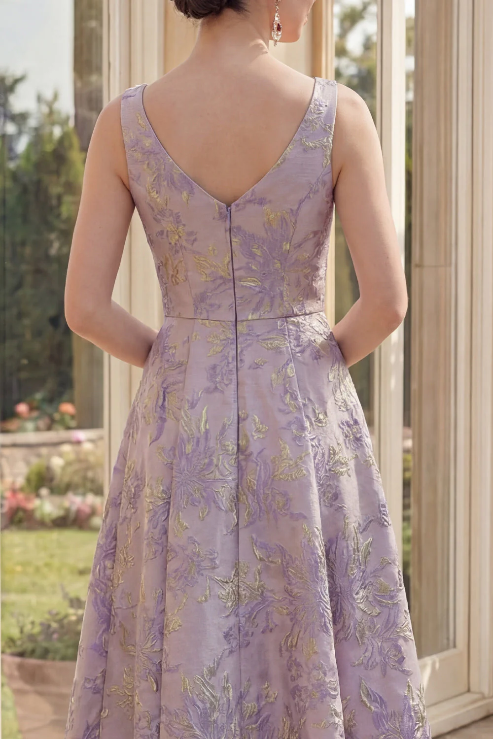 Dusty Lilac A Line Boat Neck Jacquard Midi Floral Dress - Image 4