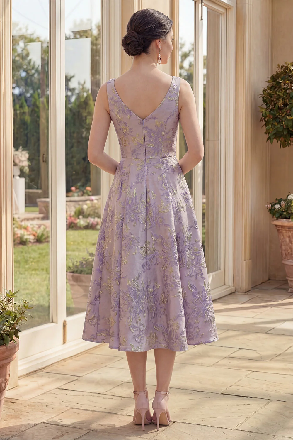 Dusty Lilac A Line Wide Straps Jacquard Midi Floral Dress - Image 2