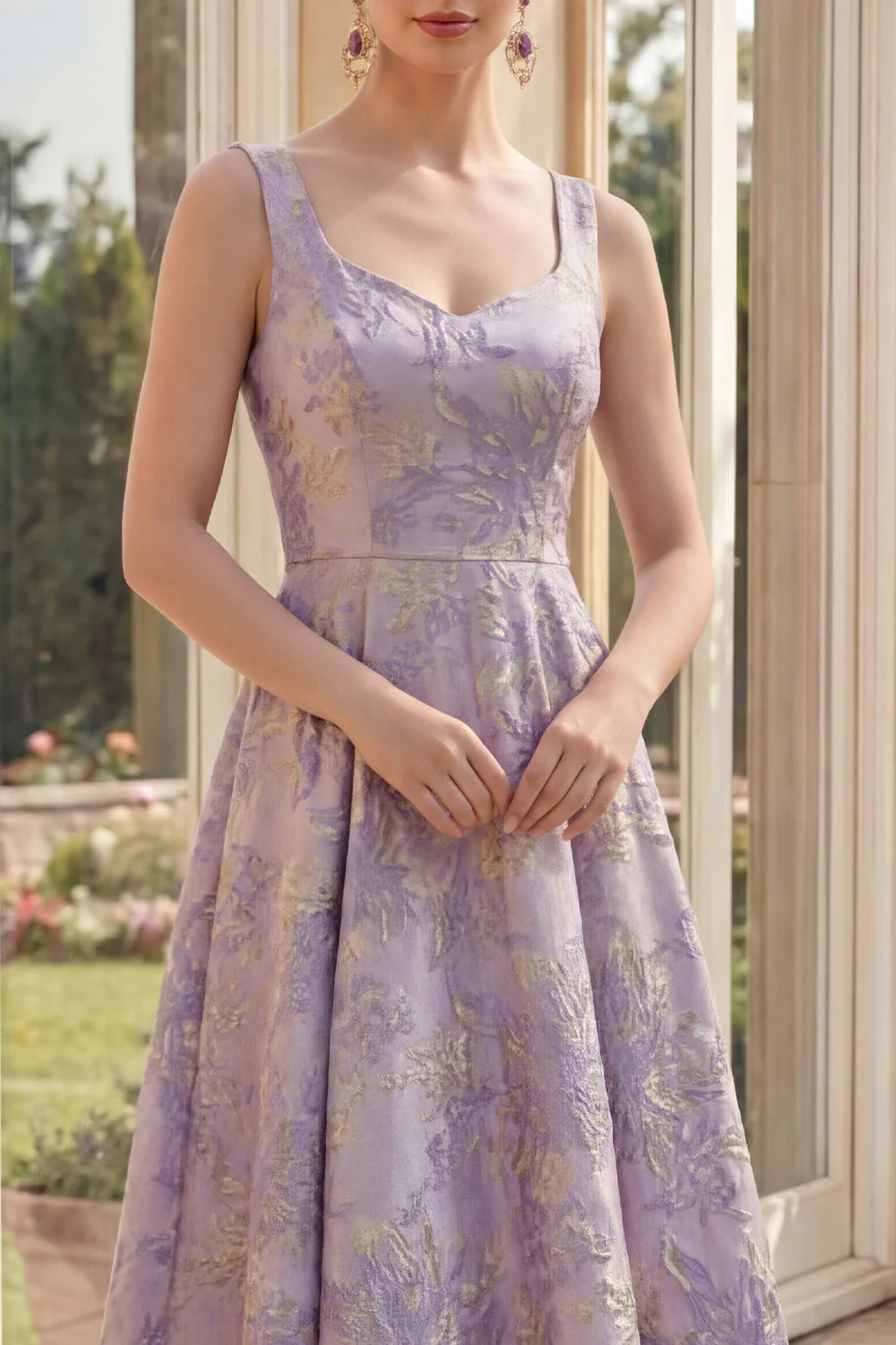 Dusty Lilac A Line Wide Straps Jacquard Midi Floral Dress - Image 3