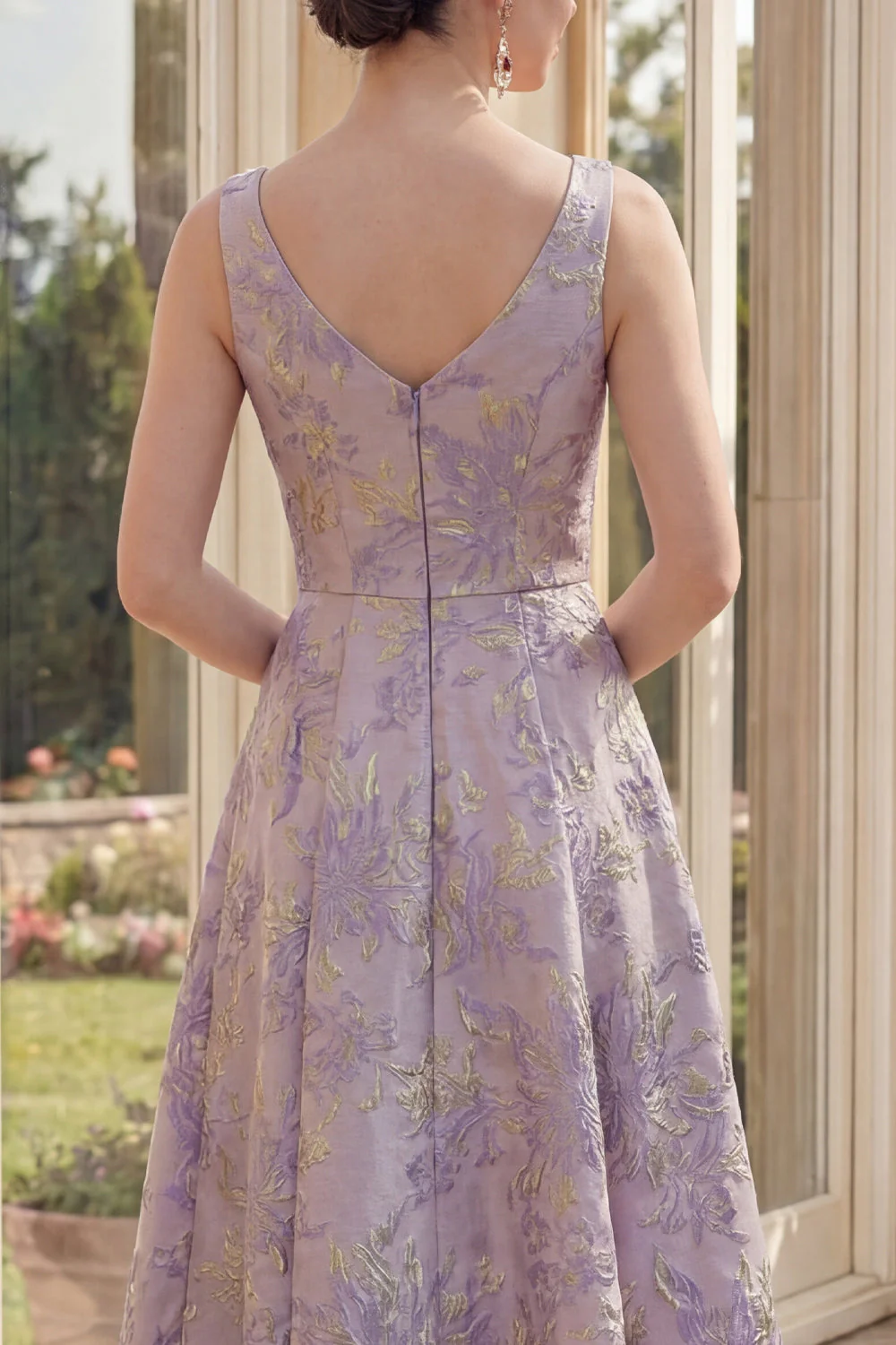 Dusty Lilac A Line Wide Straps Jacquard Midi Floral Dress - Image 4