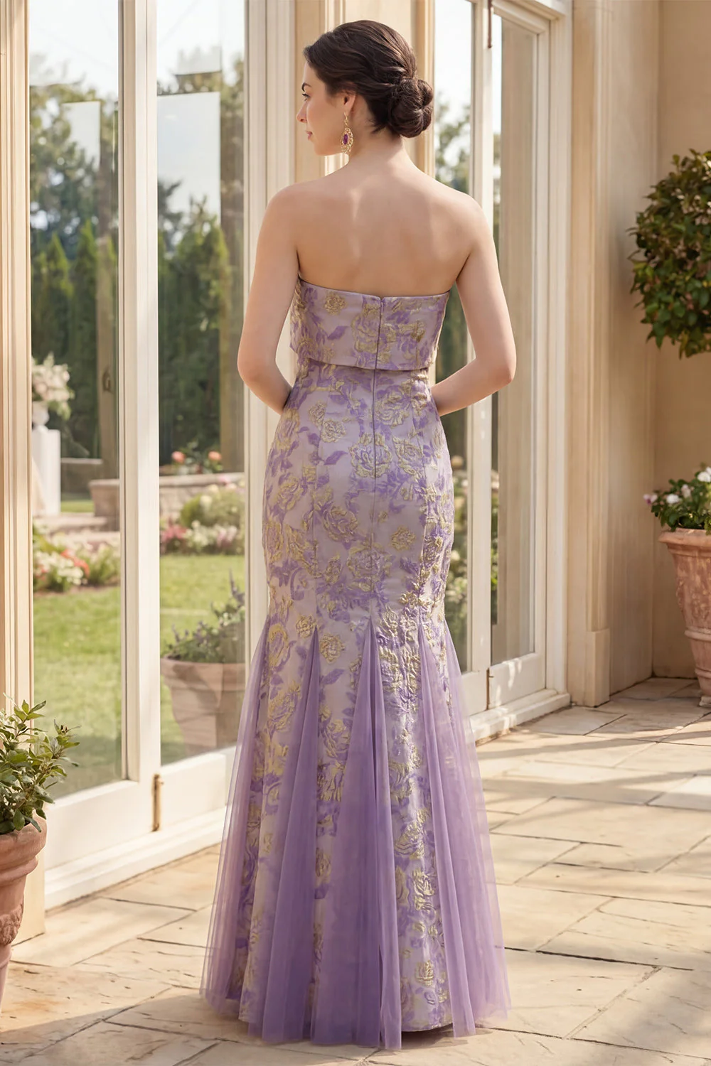 Strapless Dusty Lilac Jacquard Mermaid Maxi Floral Dress - Image 2