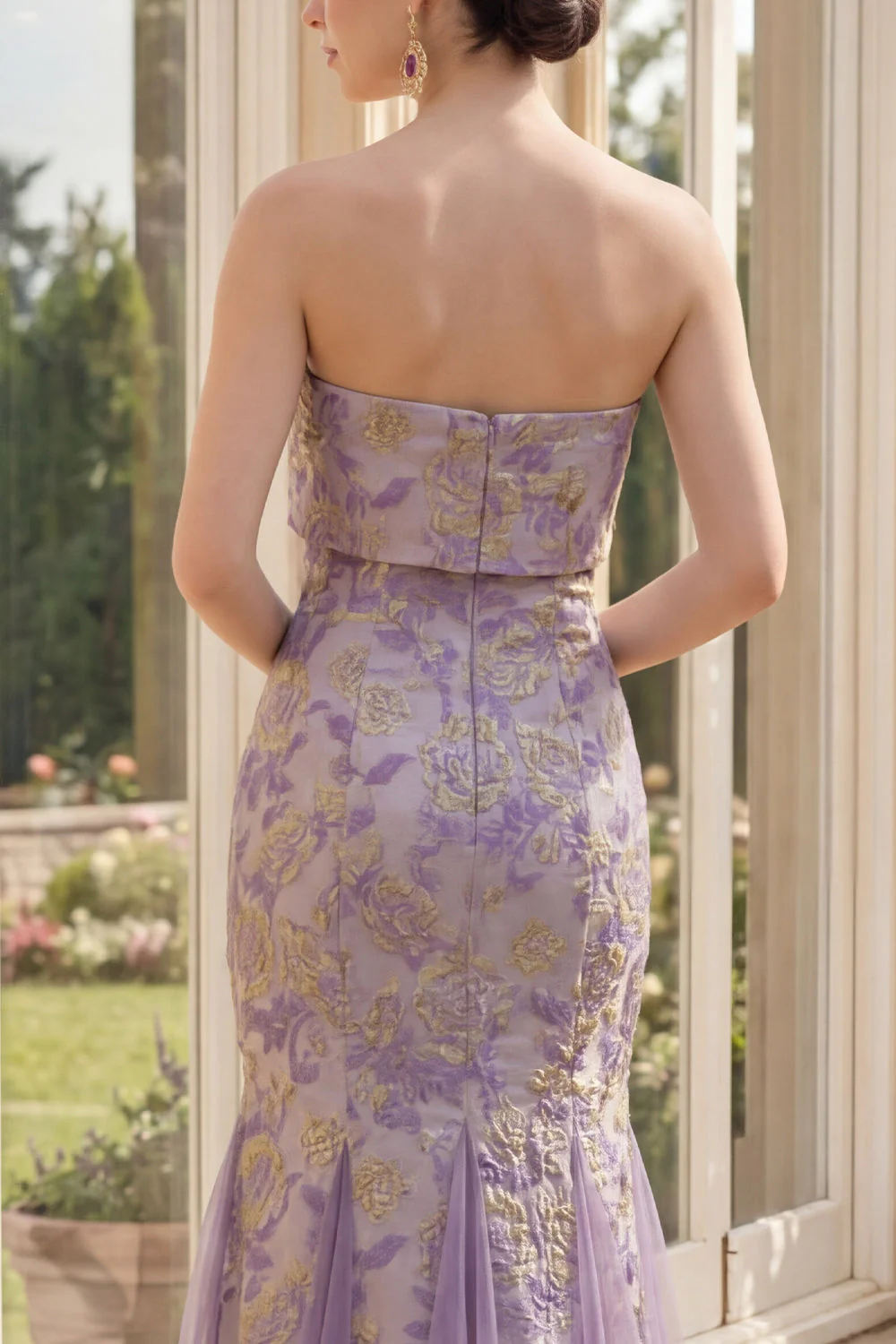 Strapless Dusty Lilac Jacquard Mermaid Maxi Floral Dress - Image 4
