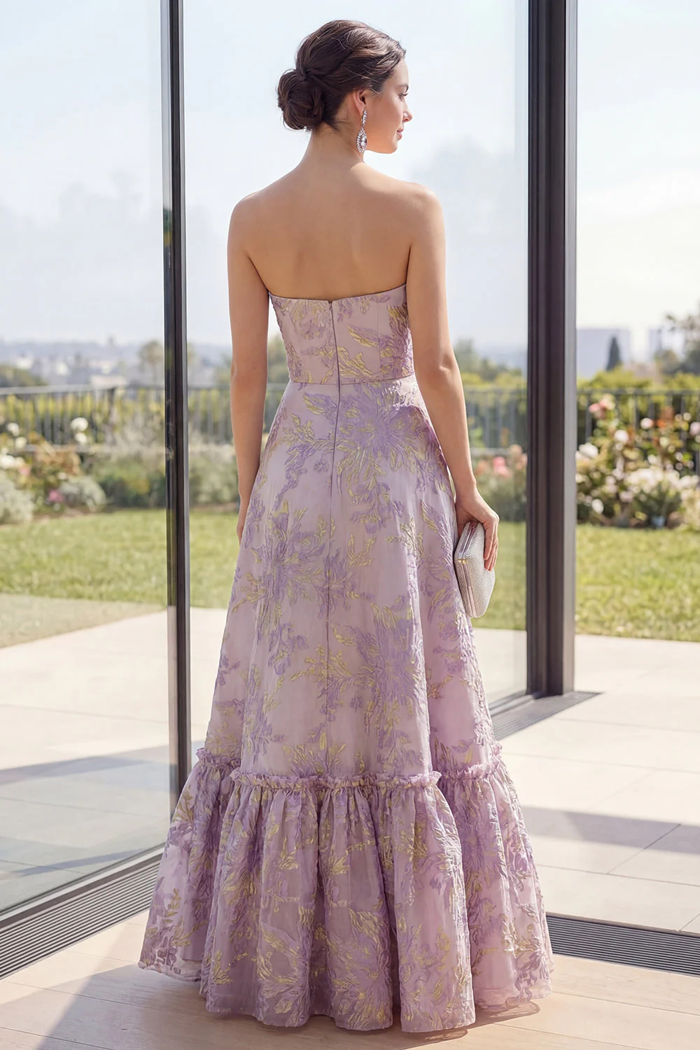 Dusty Lilac Strapless Jacquard A Line Maxi Floral Dress - Image 2