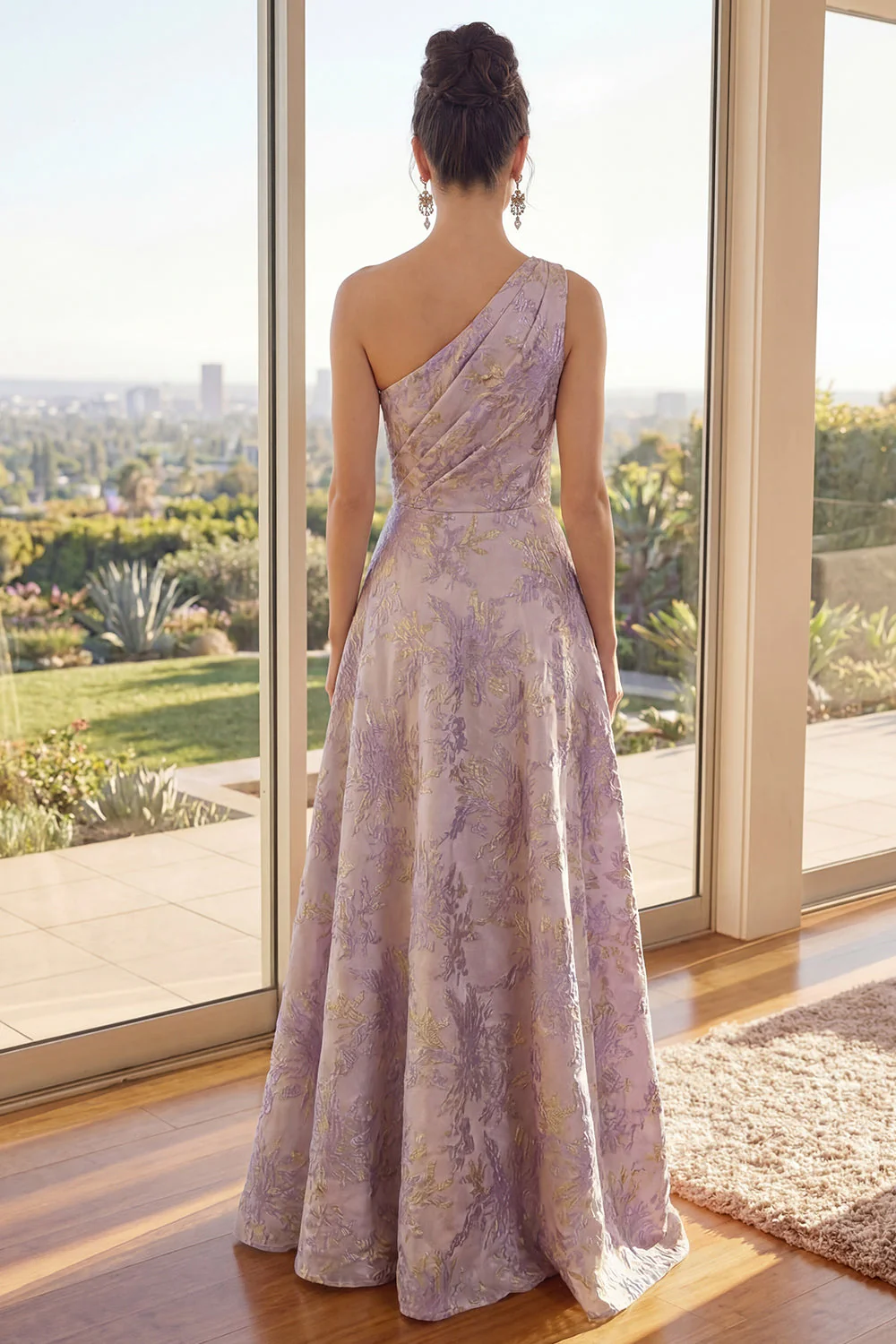 One Shoulder A Line Dusty Lilac Ruched Jacquard Maxi Floral Dress - Image 2