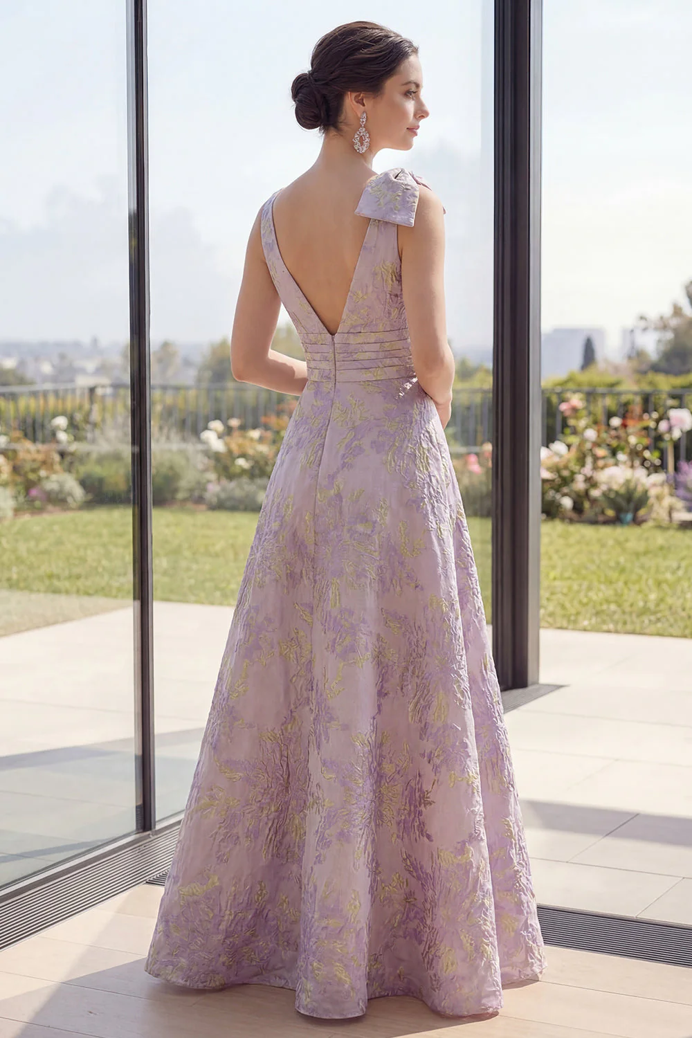 Dusty Lilac Jacquard A Line Bowed V-Neck Floral Dress with Slit - Image 2
