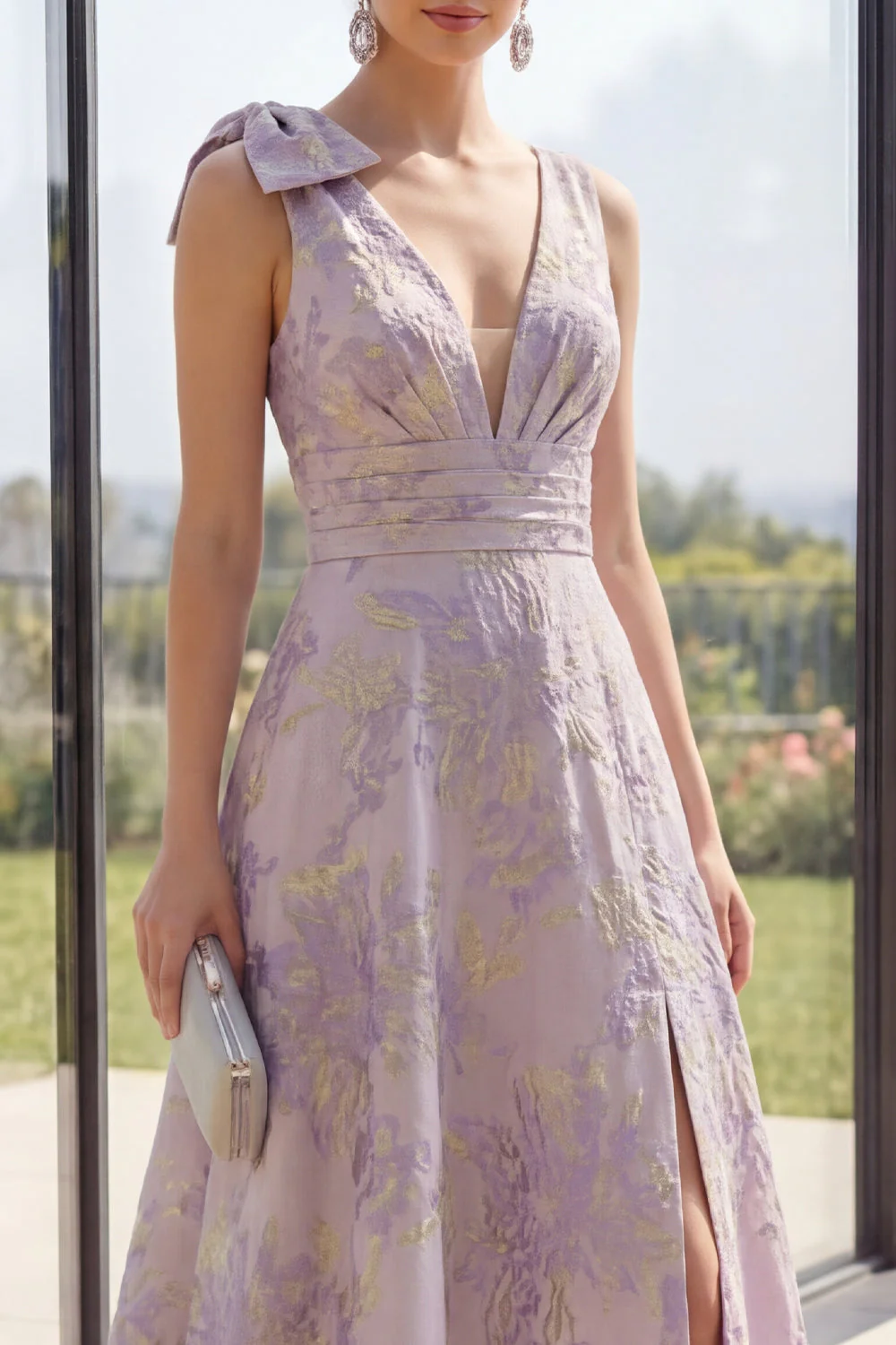 Dusty Lilac Jacquard A Line Bowed V-Neck Floral Dress with Slit - Image 3
