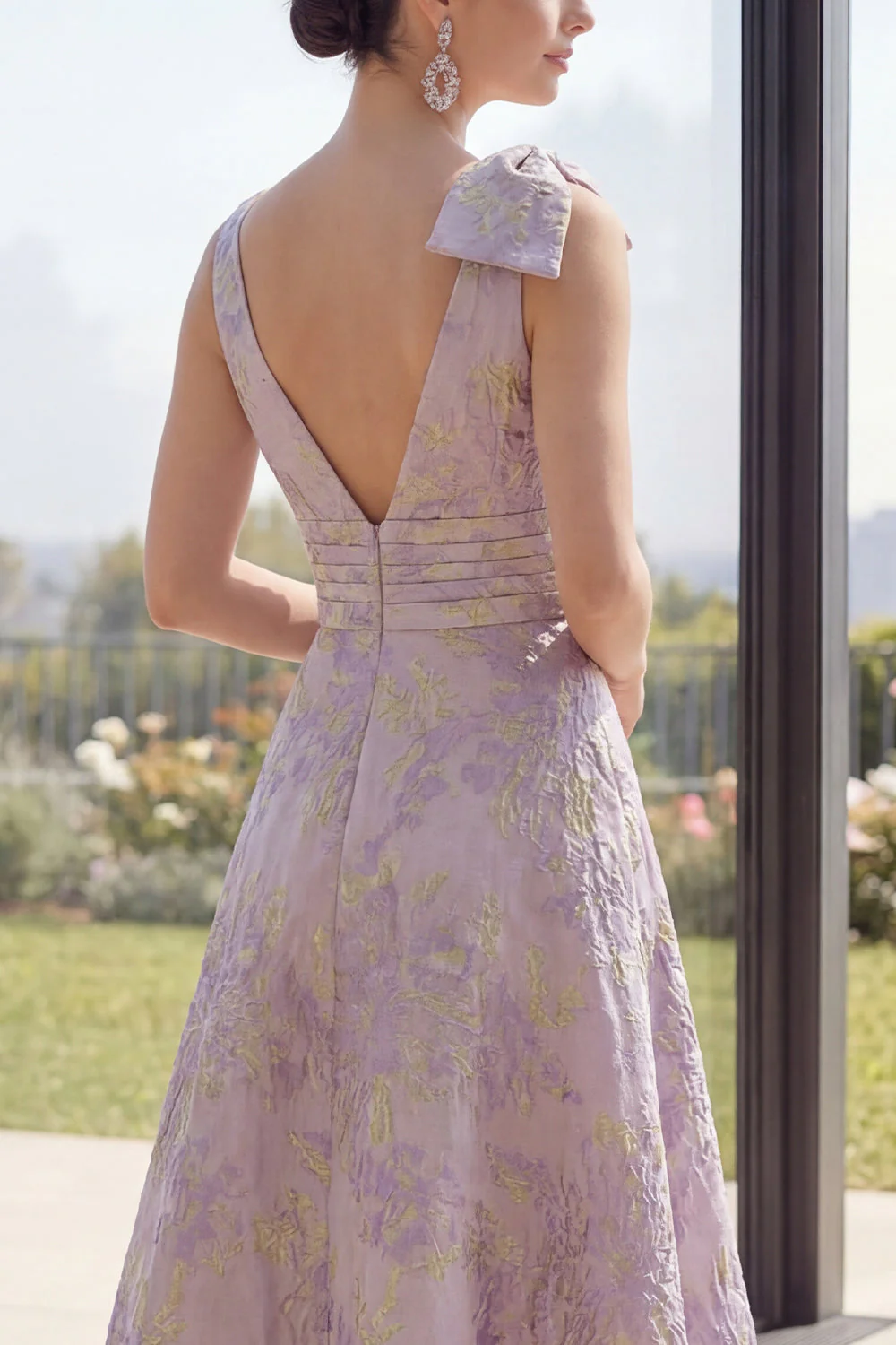 Dusty Lilac Jacquard A Line Bowed V-Neck Floral Dress with Slit - Image 4