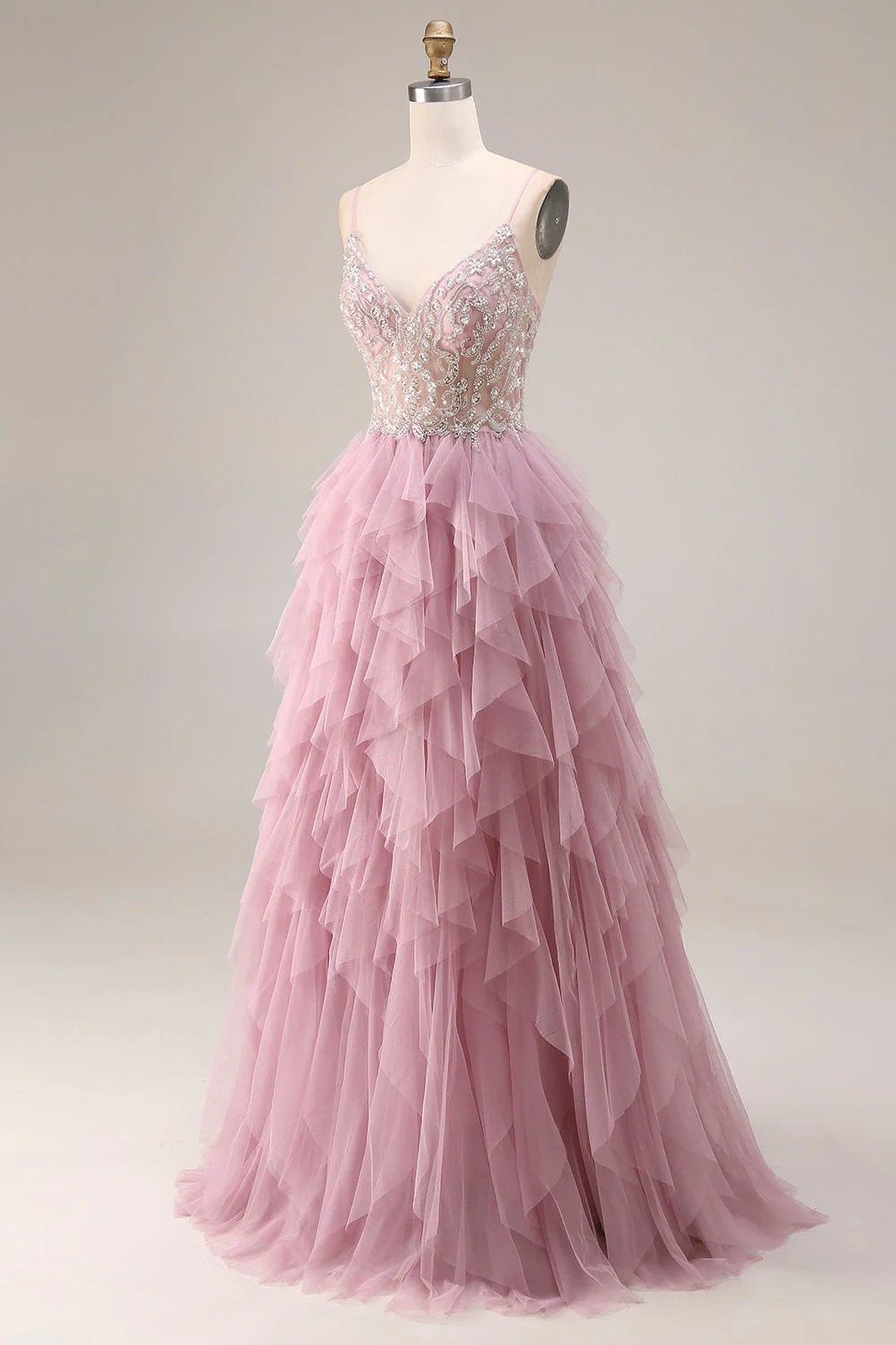Dusty Pink A-Line Tulle Spaghetti Straps Long Prom Dress with Ruffles - Image 3