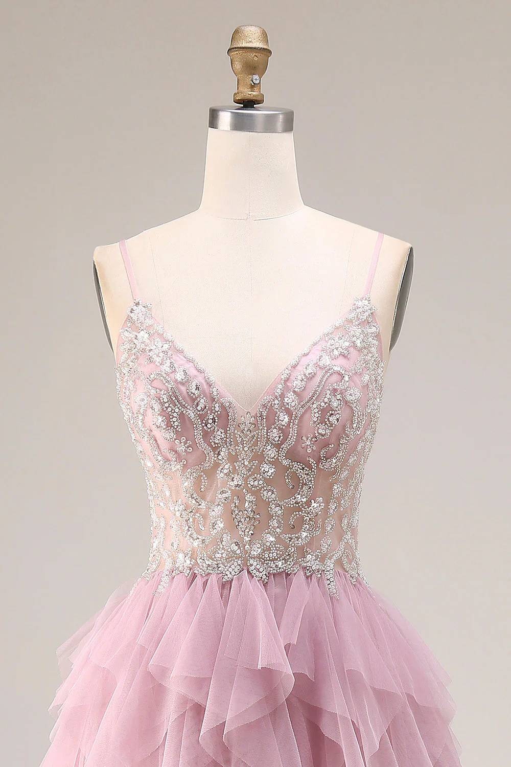 Dusty Pink A-Line Tulle Spaghetti Straps Long Prom Dress with Ruffles - Image 4