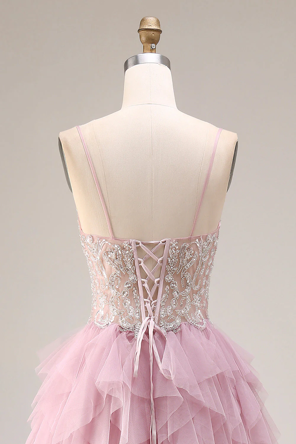 Dusty Pink A-Line Tulle Spaghetti Straps Long Prom Dress with Ruffles - Image 5