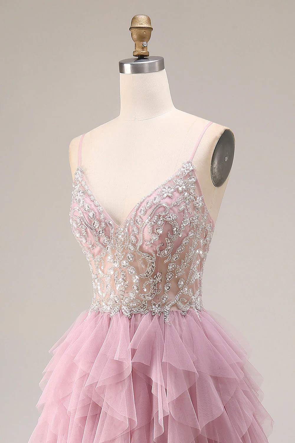 Dusty Pink A-Line Tulle Spaghetti Straps Long Prom Dress with Ruffles - Image 6