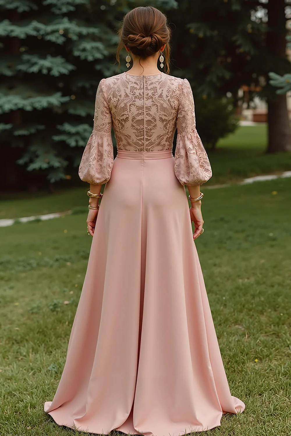 Dusty Rose A-Line Lace Long Mother of the Bride Dress with 3/4 Sleeves - Image 2