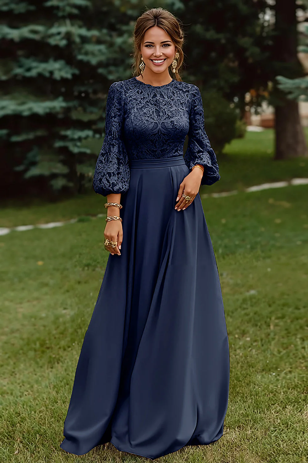 Dusty Rose A-Line Lace Long Mother of the Bride Dress with 3/4 Sleeves - Image 4