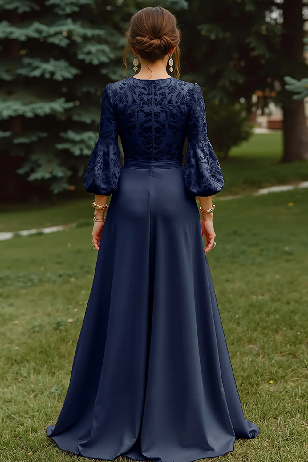 Dusty Rose A-Line Lace Long Mother of the Bride Dress with 3/4 Sleeves - Image 5