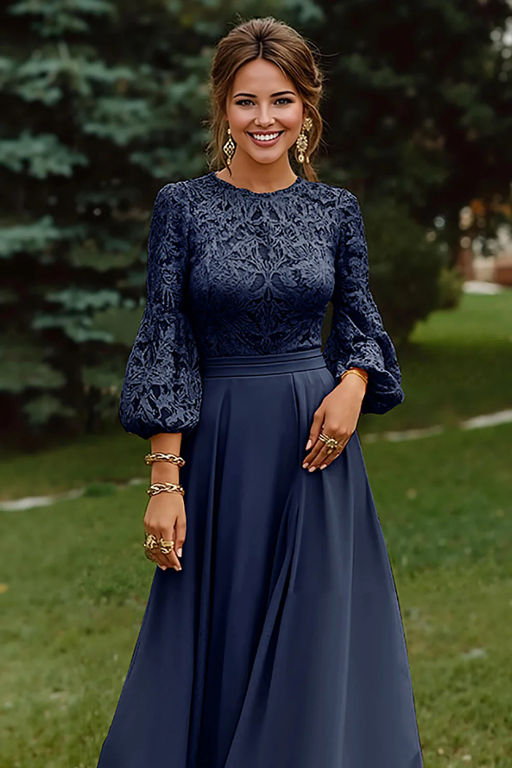 Dusty Rose A-Line Lace Long Mother of the Bride Dress with 3/4 Sleeves - Image 6