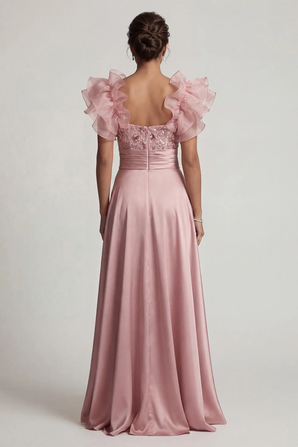 Dusty Rose A Line Ruffled Sequin Long Mother of the Bride Dress with Slit - Image 2