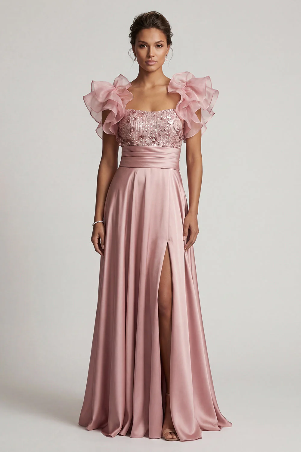 Dusty Rose A Line Ruffled Sequin Long Mother of the Bride Dress with Slit - Image 3