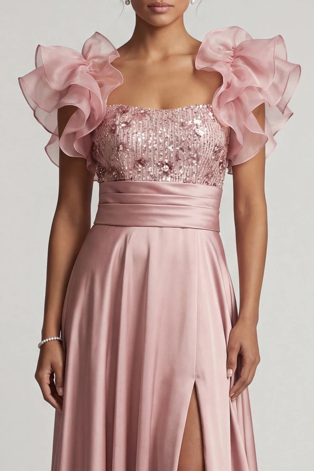 Dusty Rose A Line Ruffled Sequin Long Mother of the Bride Dress with Slit - Image 4