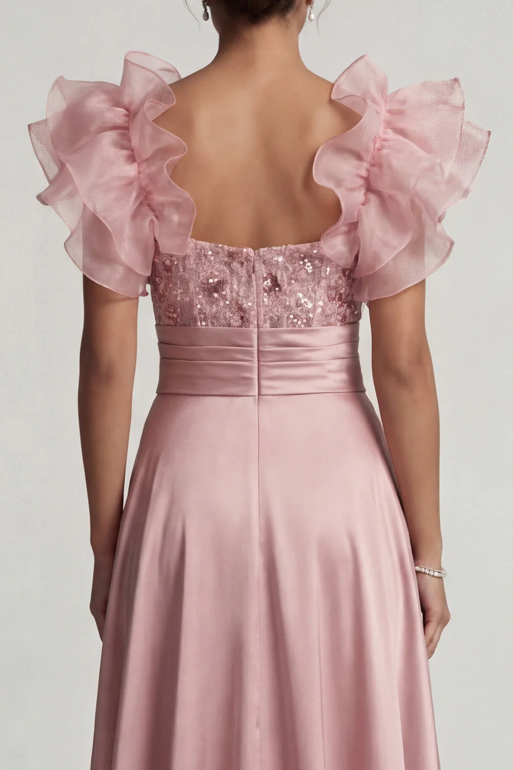 Dusty Rose A Line Ruffled Sequin Long Mother of the Bride Dress with Slit - Image 5